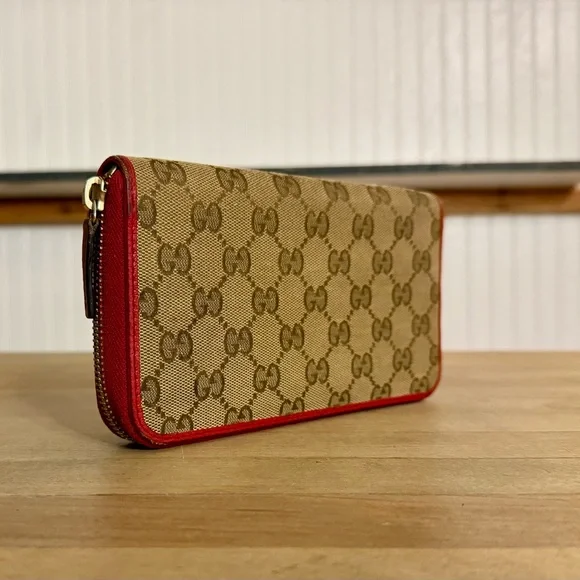 Gucci GG Canvas & Leather Monogram Long Zip Around Wallet Red Trim - Picture 10 of 15